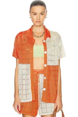 Calle Del Mar For Fwrd Two Tone Short Sleeve Patchwork Shirt in Orange