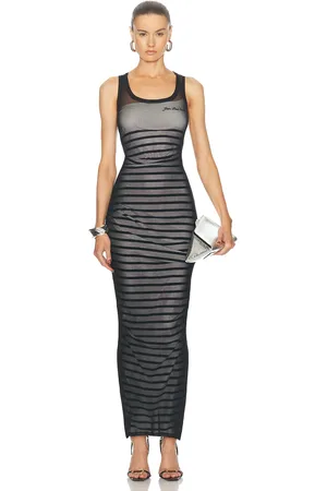 Jean Paul Gaultier Ribbed Mariniere Mesh Layer Long Dress in Navy