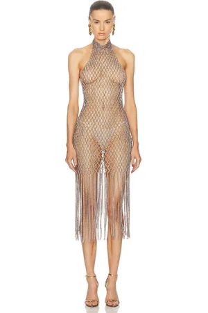 Tom Ford Halterneck Fringe Cocktail Dress in Beige
