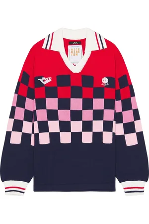 rice nine ten Knitting Checkered Soccer Jersey in Blue