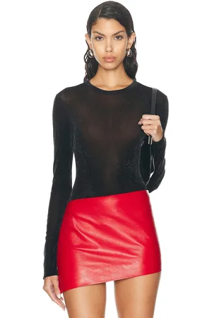 PRISCAVera Velvet Mesh Long Sleeve Top in Black
