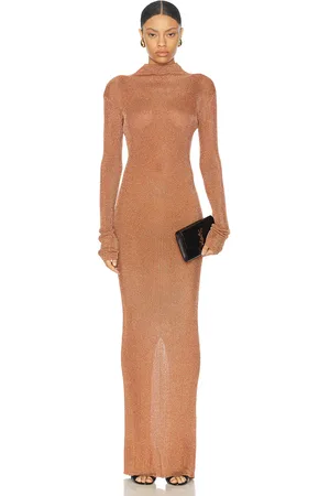 LAQUAN SMITH Long Sleeve Mock Neck Gown in Metallic