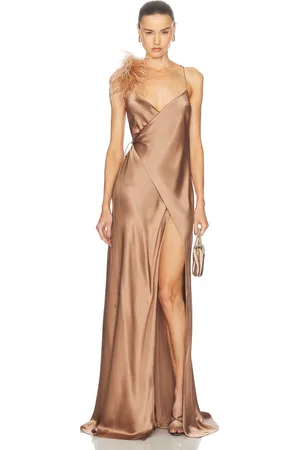 The Sei Detachable Ostrich Trim Wrap Gown in Beige