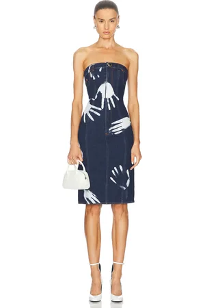 AREA Handprint Strapless Midi Dress in Denim-Medium