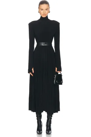 Norma Kamali Longsleeve Shoulder Pad Turtleneck Flared Dress in