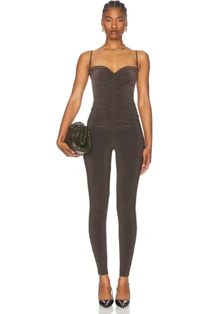 Norma Kamali Strapless Shirred Front Catsuit in Chocolate