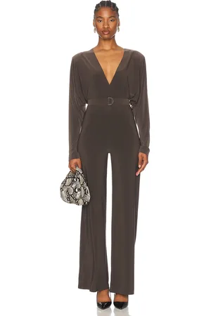 Norma Kamali Dolman V Neck Shoulder Pad Jumpsuit in Chocolate