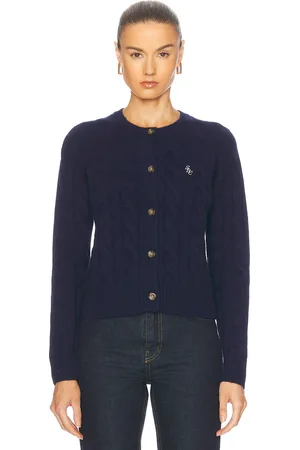 Sporty & Rich Cable Knit Cashmere Cardigan in Navy