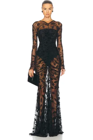 Norma Kamali Long Sleeve V Neck Shirred Front Fishtail Gown in Black