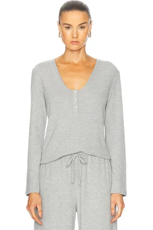 Leset Lauren V Neck Henley Top in Grey