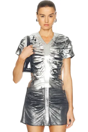 Diesel Short Sleeve Gathered Top in Metallic Silver
