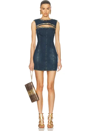 AREA Crystal Cut Out Mini Dress in Blue