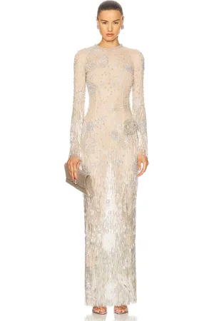 Oscar de la Renta Long Sleeve Crystal Gown in Metallic
