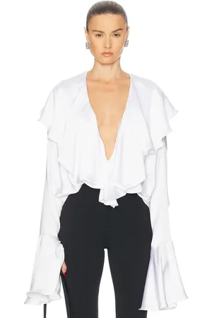 Norma Kamali Long Sleeve Deep V Ruffle Bodysuit in White