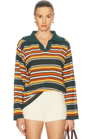 BODE Parakeet Stripe Long Sleeve Polo Top in Dark Green