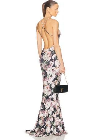 Norma Kamali Low Back Slip Fishtail Gown in Black,Cream