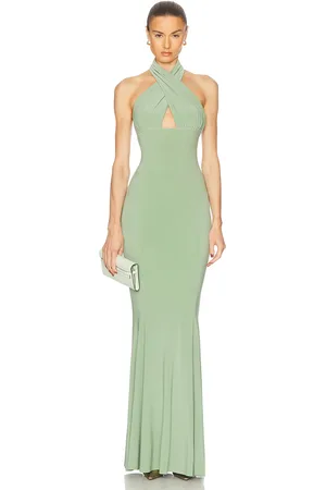 Norma Kamali Cross Halter Fishtail Gown in Green