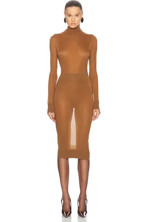 Saint Laurent Sheer Long Sleeve Midi Dress in Tan