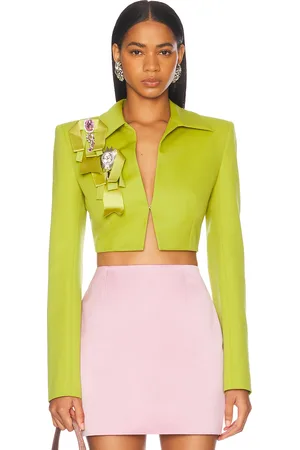 AREA Crystal Embellished Bow Cropped Jacket in Green