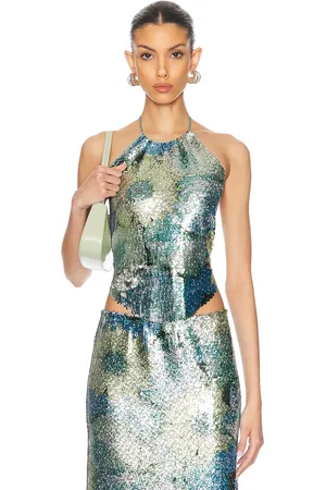 PRISCAVera Sequin Halter Top in Metallic Silver