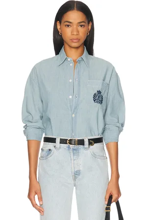 Sporty & Rich Health & Wellness Crest Oversized Button Down Top in Denim-Medium