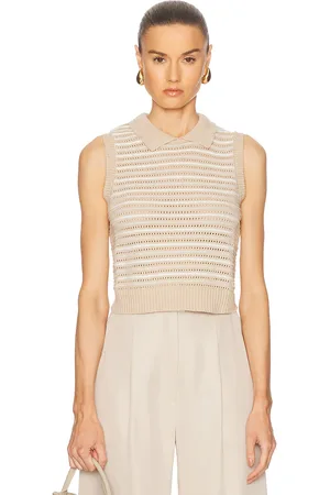 Matthew Bruch Striped Mesh Collared Tank Top in Beige