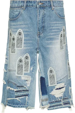 Who Decides War by Ev Bravado Patched Arch Blowout Denim Short in Blue