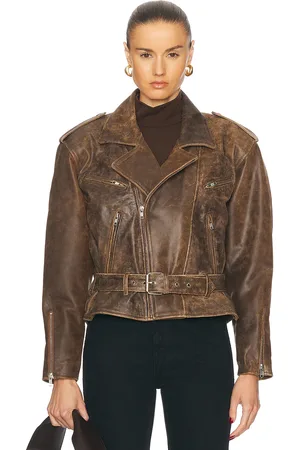 R13 Exaggerated Shoulder Motorcycle Jacket in Brown