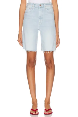 Mother High Waisted Rider Bermuda Short Fray in Blue