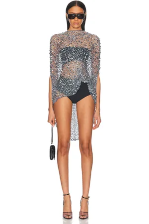 LAPOINTE Net Mesh Sequin Oversized Cape Tee in Blue