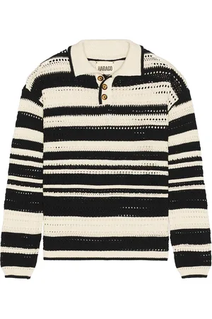 HARAGO Crochet Long Sleeve Polo Shirt in White,Black