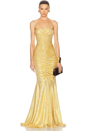 Norma Kamali Strapless Shirred Front Fishtail Gown in Metallic Gold