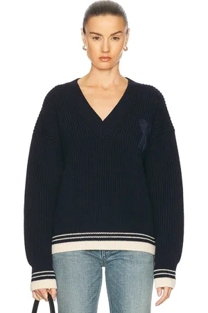 Ami Ribbed V Neck Sweater in Navy