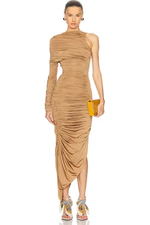 MUGLER One Shoulder Mesh Dress in Tan