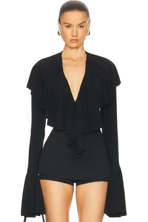 Norma Kamali Long Sleeve Deep V Ruffle Bodysuit in