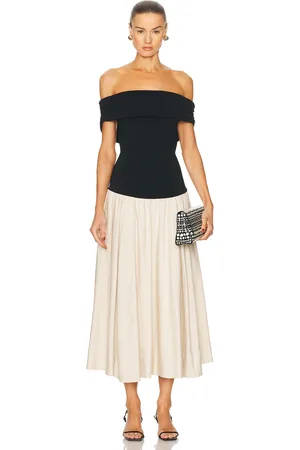 Simkhai Adaline Off Shoulder Midi Dress in Black,Cream