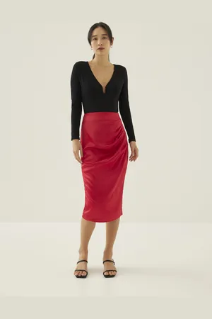 Love Bonito Ninda Satin Pleated Column Midi Skirt-020-M