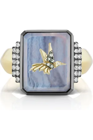 Sorellina Hummingbird 18K Yellow Gold Agate; Diamond Signet Ring
