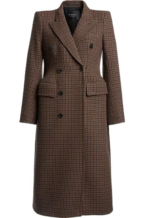 Balenciaga Women Coats - Women's Houndstooth Wool Double-Breasted Hourglass Coat