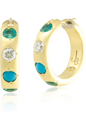 JENNA BLAKE 18K Yellow Diamond; Emerald And Turquoise Hoop Earrings