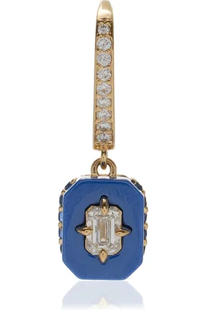Minty 18k Yellow Gold Bleue Ceramic Small Diamond Single Huggie Earring