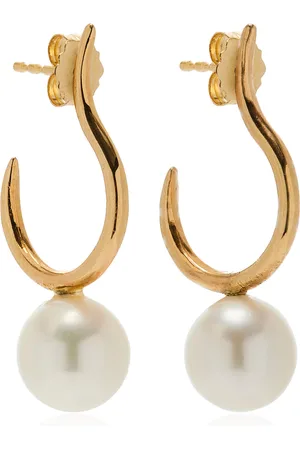 White/Space Moon 14K Yellow Gold Pearl Hoop Earrings