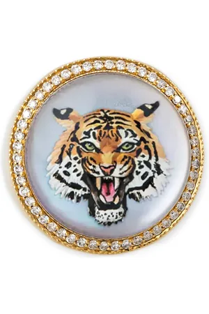 JACQUIE AICHE Tiger 14K Yellow Gold Hand-Painted Mother-of-Pearl Diamond Signet Ring