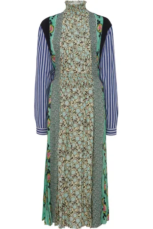 Prada Patchwork Smocked Crepe Midi Dress
