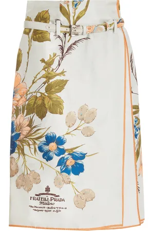 Prada Belted Floral-Twill Midi Scarf Skirt