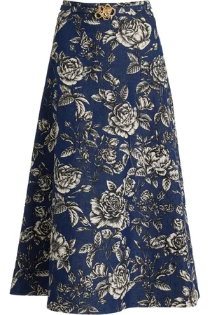 Oscar de la Renta Printed Stretch-Denim Midi Skirt