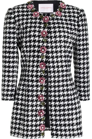 Carolina Herrera Embellished Houndstooth Linen-Blend Jacket