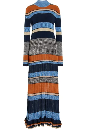 ULLA JOHNSON Evangeline Pleated Striped Knit Midi Dress