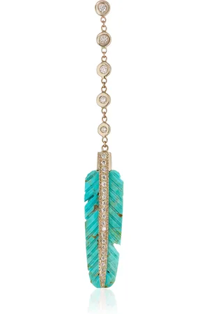 JACQUIE AICHE 14K Yellow Gold 5 Dia + Pave Turquoise Feather Drop Stud & Yg 5 Dia + Pave Turquoise Feather Drop Back