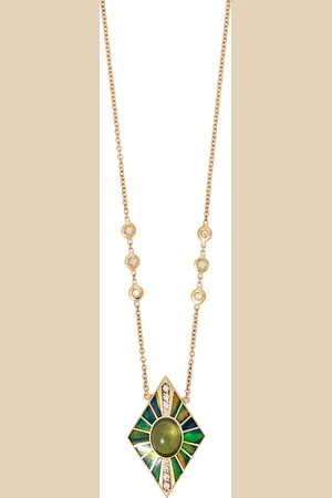 JACQUIE AICHE 14K Yellow Gold Opal Inlay Kite Shield Pave Tourmaline Oval Center 6 Dia Necklace